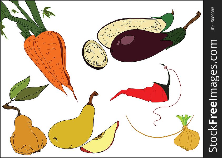 Hand-drawn illustration of two carrots,eggplants, pears,chilly paper and an onion. Hand-drawn illustration of two carrots,eggplants, pears,chilly paper and an onion.