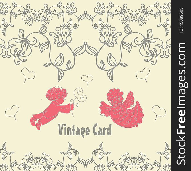 Vintage vector illustration with couple angels in love floral. Vintage vector illustration with couple angels in love floral