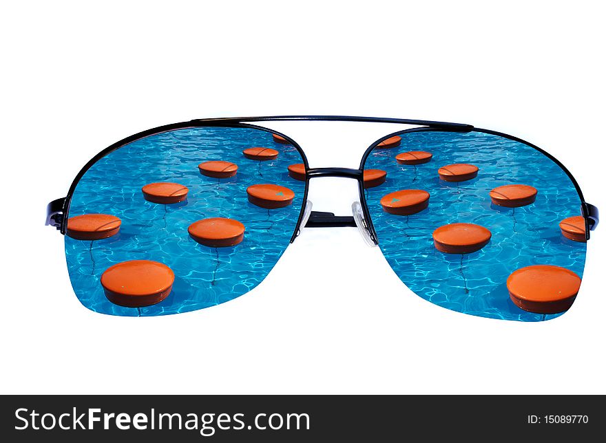 Isolated sunglasses with reflection of water