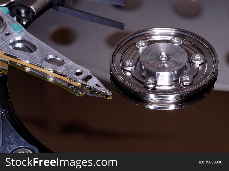 Inside view of a computer hard disc drive closeup. Inside view of a computer hard disc drive closeup