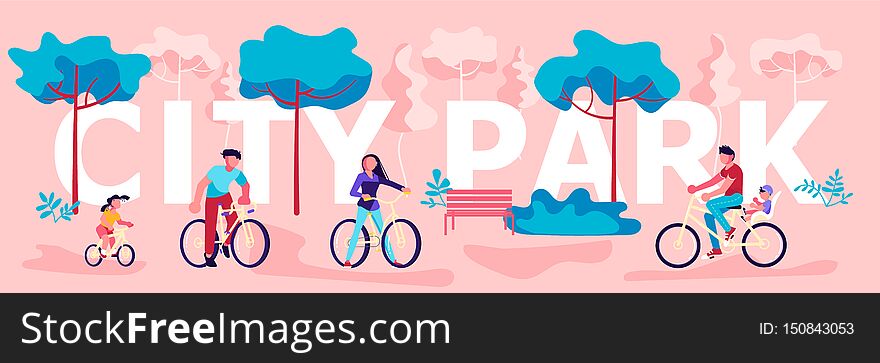 City park horizontal banner template. People enjoying in public garden. Summer Outdoors activities. Flat Art Vector illustration