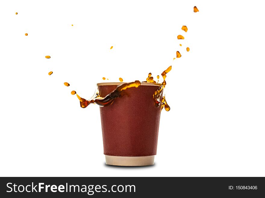 Disposable paper cups with coffee splash isolated on white.