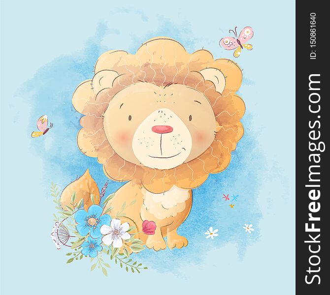 Cute cartoon illustration of a lion with a bouquet of flowers in the style of digital watercolor. Vector illustration.