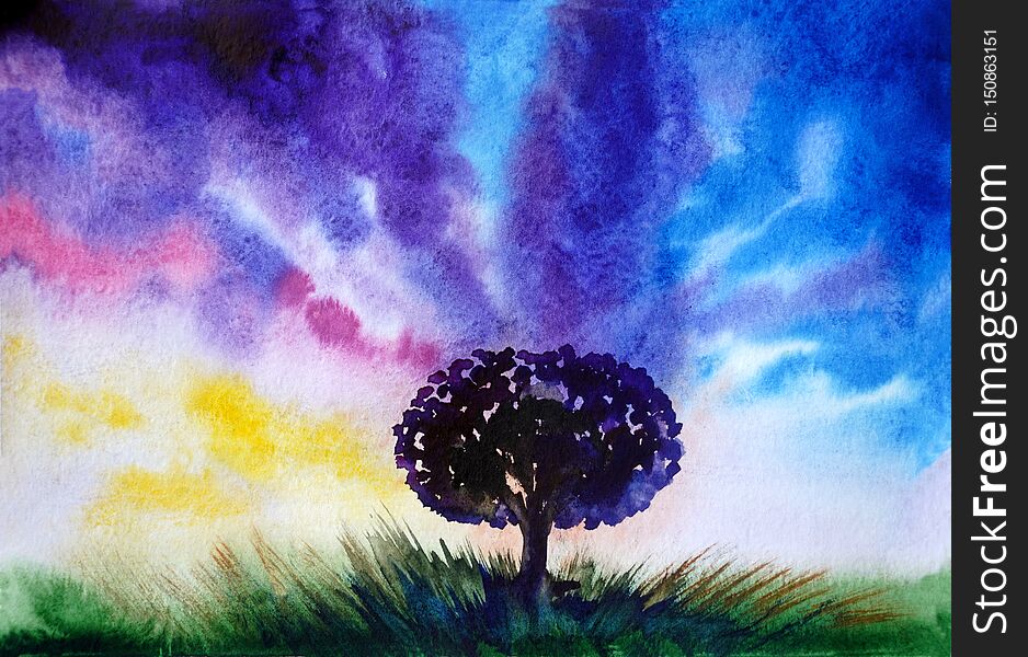 Drawing Of Bright Universe Sky Clouds Black Tree