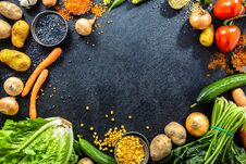Variety Of Fresh Tasty Vegetables On Dark Background Stock Images