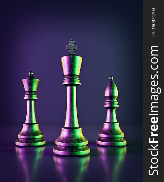 Chess pieces standing in a colorful lighting environment. 3d rendering. Chess pieces standing in a colorful lighting environment. 3d rendering
