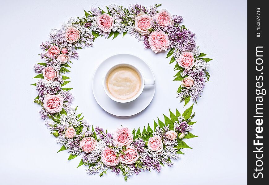 Round Frame Of Flowers: Rose, Lilac, Rowan Leaves And Cup Coffee On A White Background. Floral Pattern