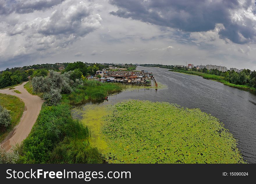 Beautiful panorama of Dnieper River, Koshevaya, Kherson in July 2010 with fishermen