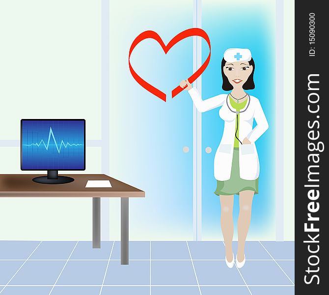Vector illustration of a beautiful young doctor in cardiological clinic