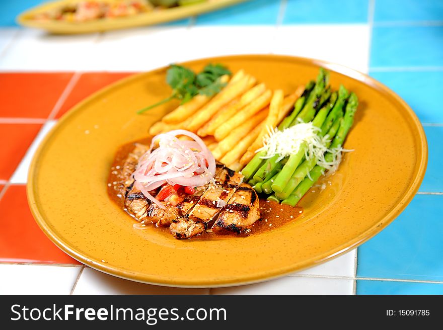 Close up steak on table