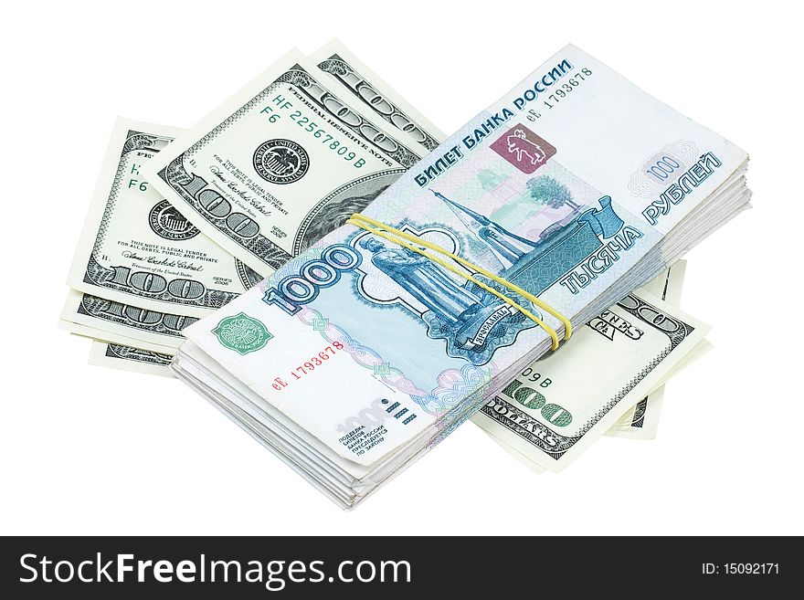 Dollars and roubles currency different countries on white background