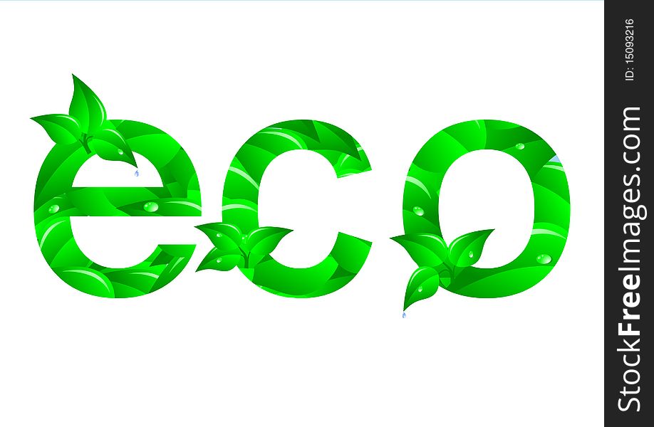 ECO word with leaves and drops. Vector. ECO word with leaves and drops. Vector.