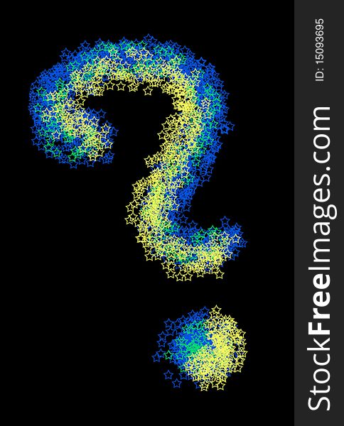 A big question mark made of colourful stars. The colors are blue, green and yellow on a black background.