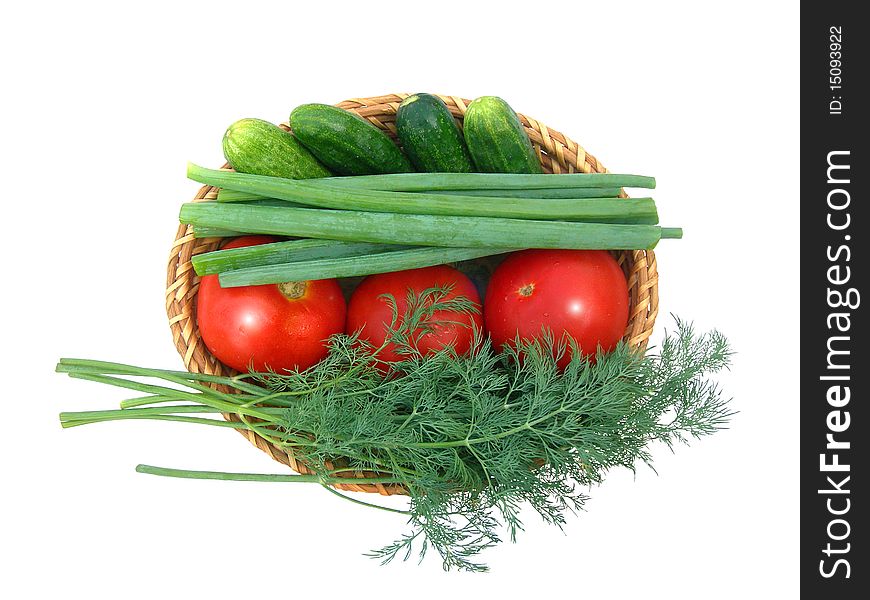 Onions, tomatoes, cucumbers and dill are shown in the picture. Onions, tomatoes, cucumbers and dill are shown in the picture.