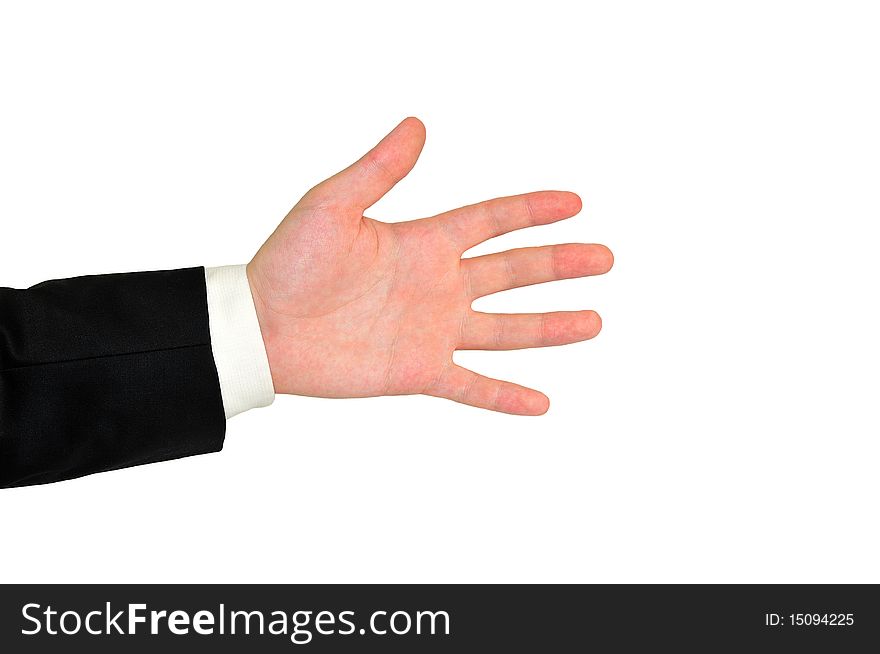Isolated open male's hand with fingers on white
