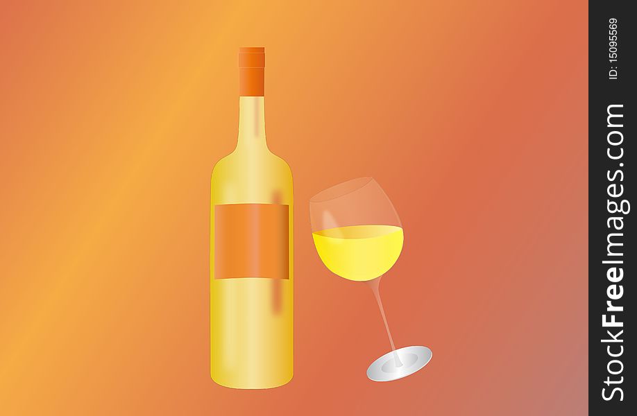 White wine bottle and glass on light background. White wine bottle and glass on light background