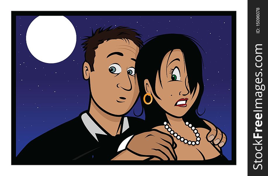 Cartoon vector illustration of a frightened couple