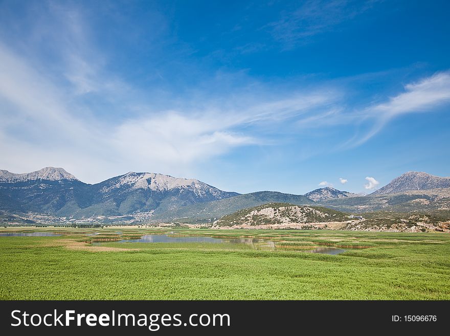 Beautiful summer landscape of Stymfalia Wetland in Peloponnese, Greece.