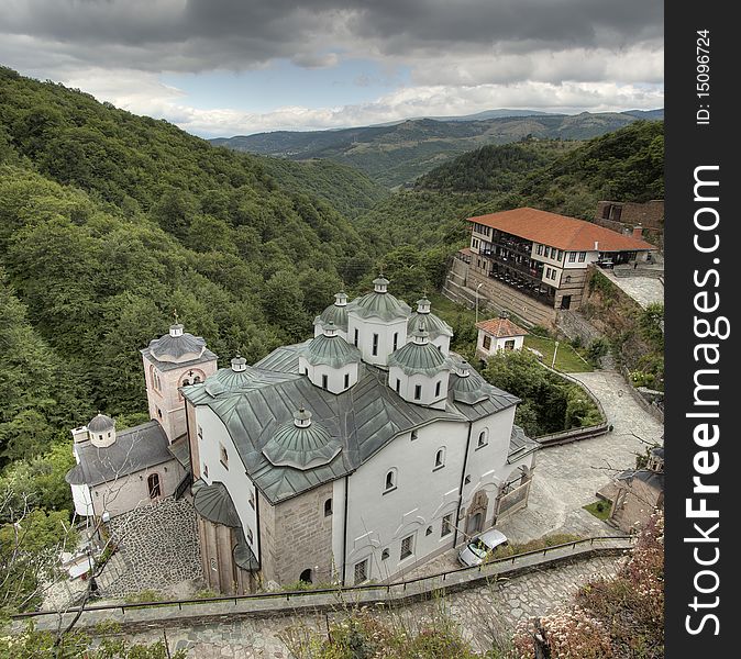 Panoramic view of St. Joakim Osogovski Monastery complex in Macedonia  (Panoramic high dynamic image). Panoramic view of St. Joakim Osogovski Monastery complex in Macedonia  (Panoramic high dynamic image)