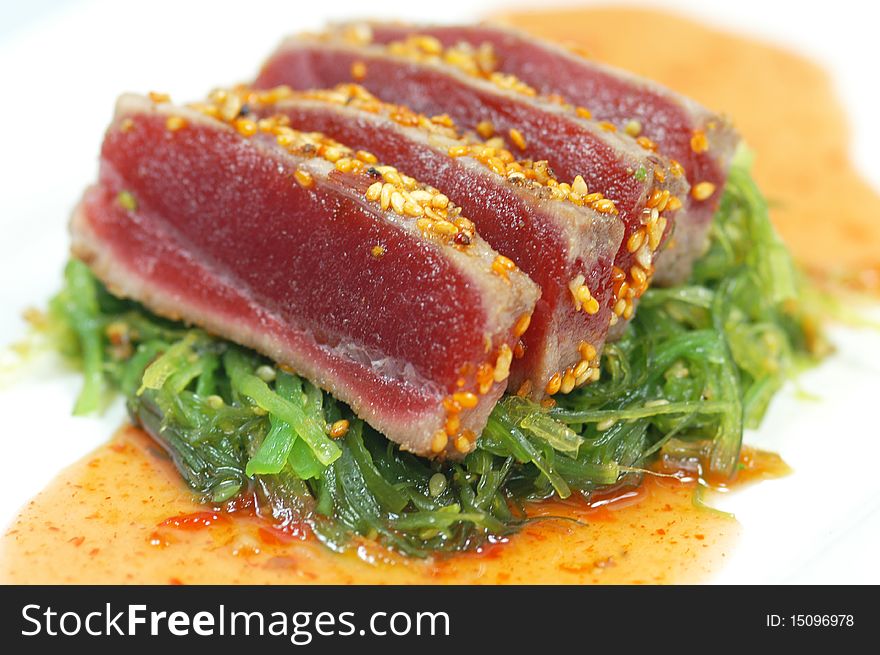 Tuna with sesame seeds and ginger sauce. Tuna with sesame seeds and ginger sauce