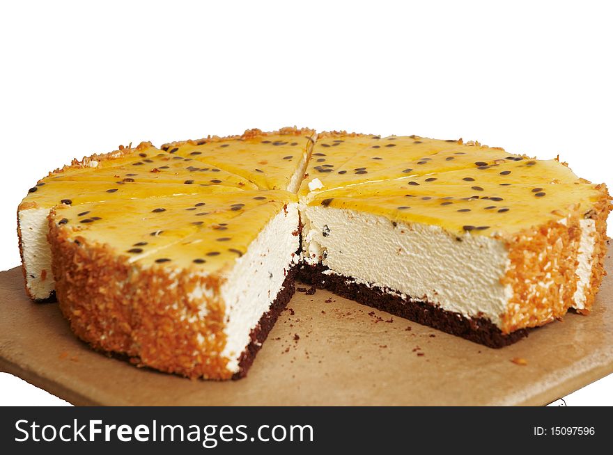 Passiflora cake with vanilla cream on a white background. Passiflora cake with vanilla cream on a white background.