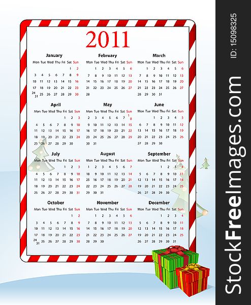 Vector illustration of European calendar 2011 with gift boxes, starting from Mondays