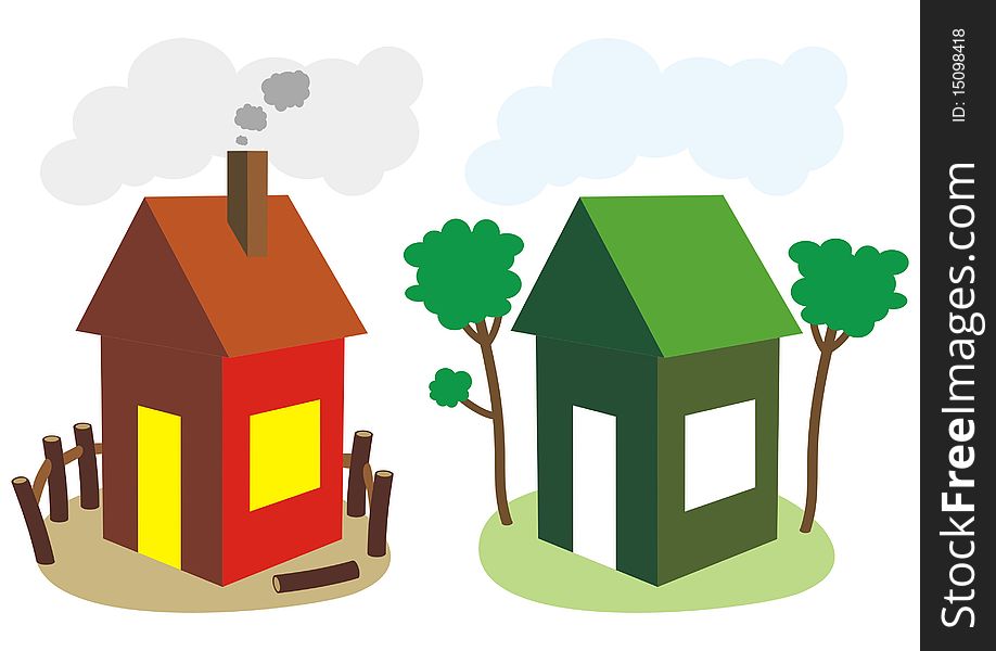 Illustration of two houses, ordinary and ecological. Illustration of two houses, ordinary and ecological