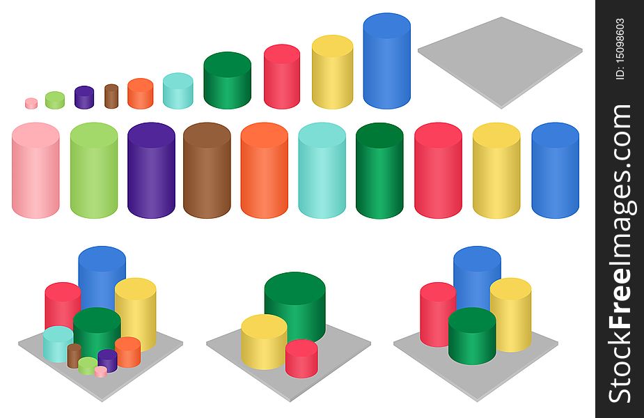 A set of colourful columns that can be used together to make 3D graphs. Each component is isolated on white for easy cutting out and resizing. Three generic examples are included. Rasterised. Excellent for using in business presentations.
