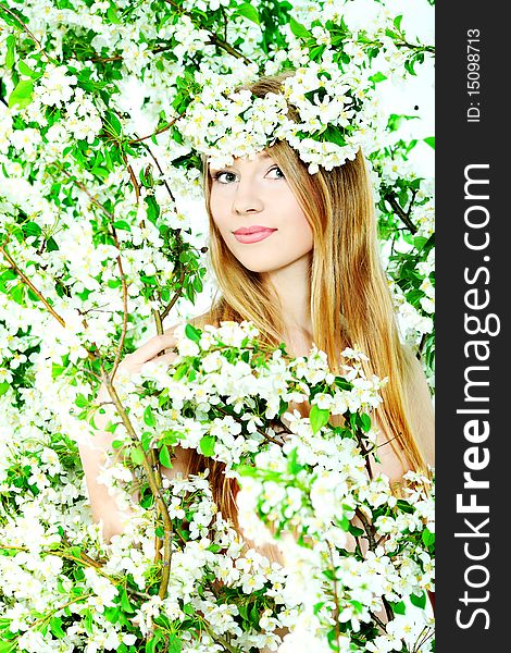 Portrait of a beautiful spring girl in apple tree flowers. Portrait of a beautiful spring girl in apple tree flowers.