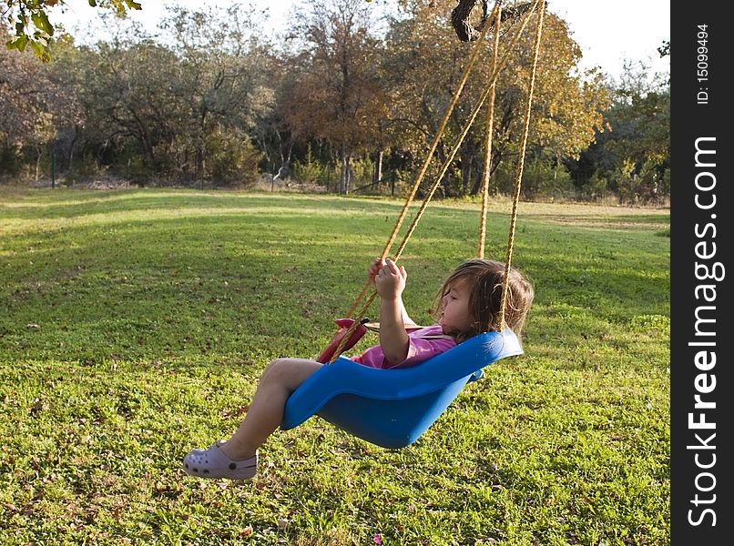 Young girl swinging on a tree swing