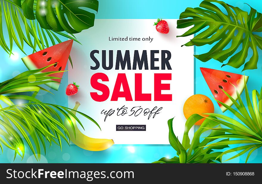 Summer Sale banner.Beautiful Background with tropical leaves, watermelon,orange,banana and strawberry. Vector