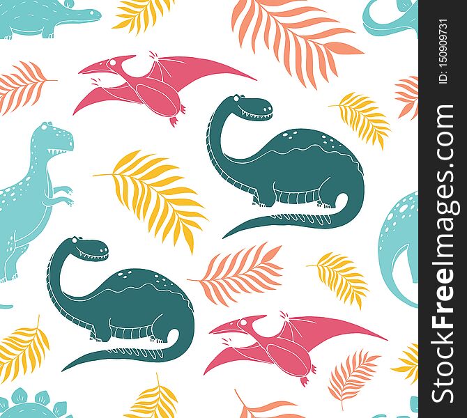 Dinosaurs Seamless Patterns With Funny Dinosaurs In Cartoon Style