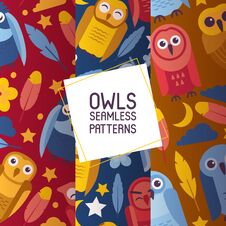 Free Group Of Colorful Bright Birds. Cartoon Owls Night Birds With Big Open And Closed Eyes Set Of Seamless Patterns Vector Stock Images - 150910034
