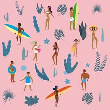 Free Set People At Beach Or Seashore Relaxing And Performing Summer Outdoor Activities At Beach - Sunbathing, Walking Stock Images - 150954314