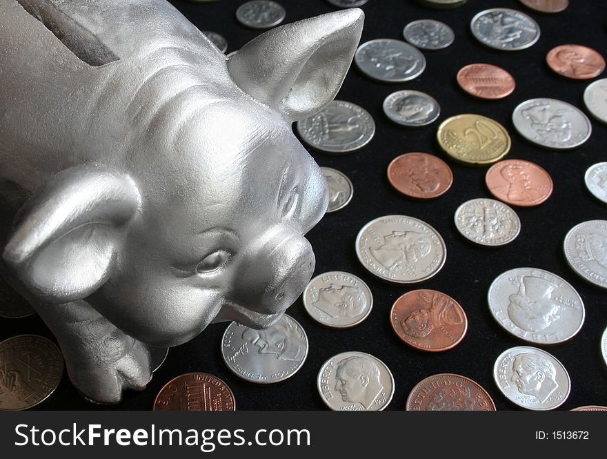 Piggy bank with coin background