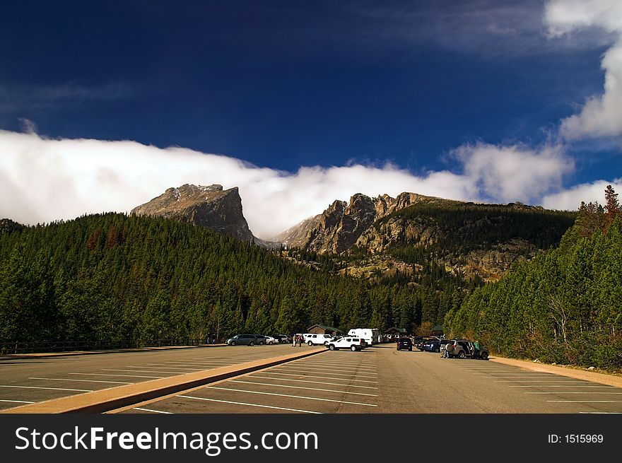 Rocky Mountain National Park Colorado with mountains, clouds, and blue sky