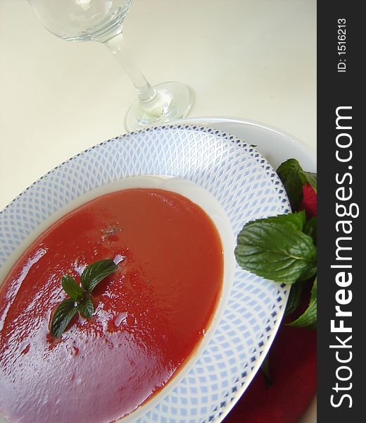 Tomato soup decorated with mint