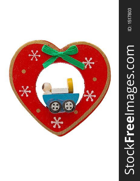 Christmas-tree decoration: 
red heart with  baby carriage