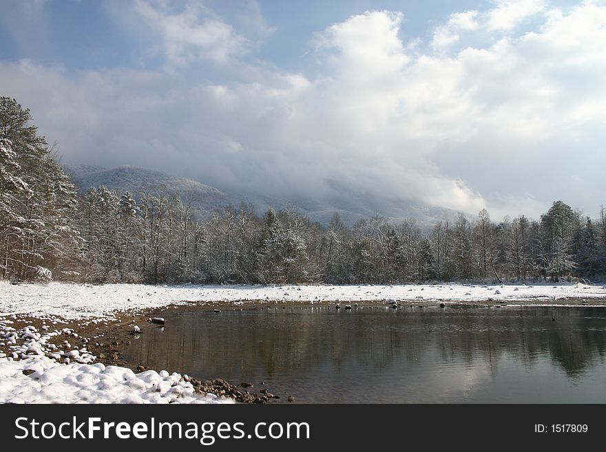 Snow covered trees and mountain at indian boundary. Snow covered trees and mountain at indian boundary