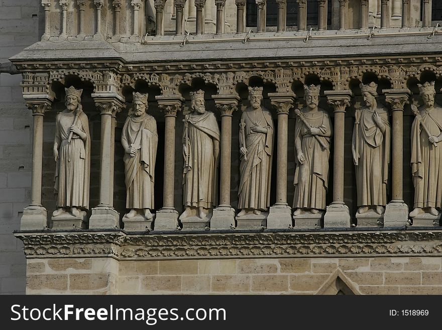 Close in detail of the kings of Judeah on the facade of the famous Notre Dame Cathedral. Close in detail of the kings of Judeah on the facade of the famous Notre Dame Cathedral.