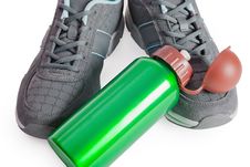 Sports Footwear, Thermos For Water. Stock Photography Sports Footwear, Thermos For Water. Stock Photography