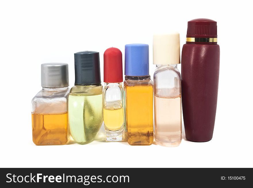 Small shampoo bottles isolated on white background. Small shampoo bottles isolated on white background