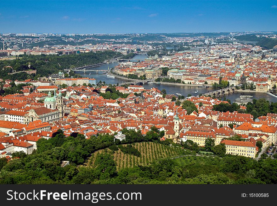 View of Prague city with bridges from Petrin tower