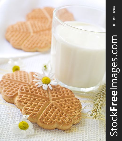 Glass of milk and cookies on light kitchen towel