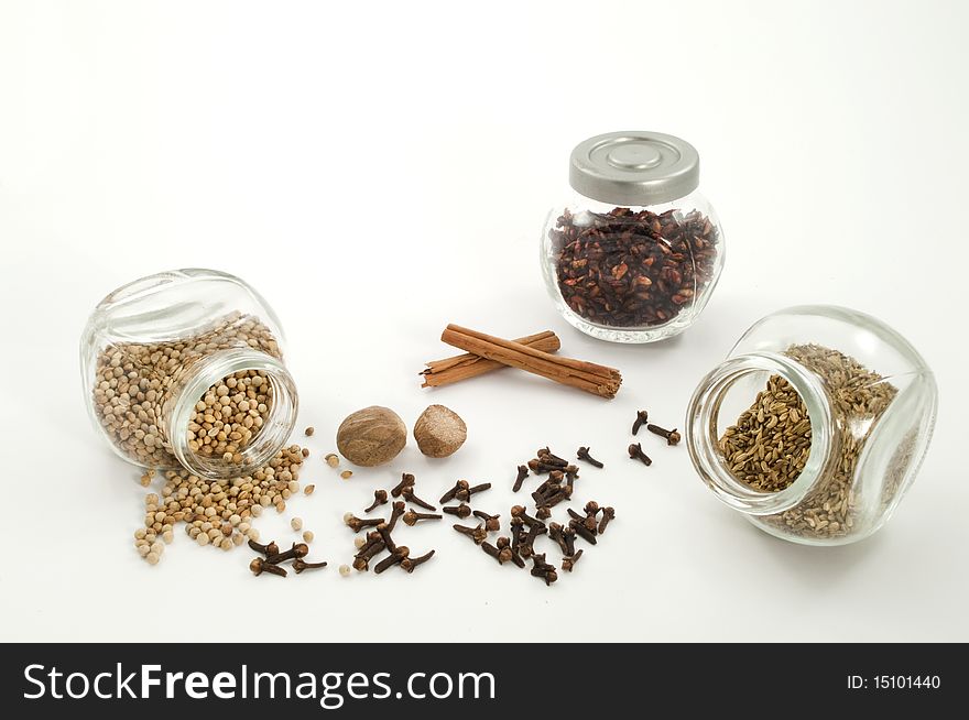 Selection of dried herb in jars