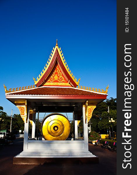 Pavilion of golden big gong at Triumphal arch of Laos