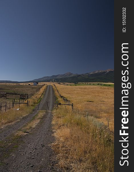 View of a dirt road in Wyoming on a very sunny day. View of a dirt road in Wyoming on a very sunny day