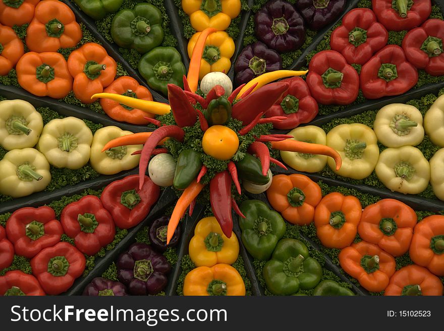 Picture of colorful peppers and chilies display. Picture of colorful peppers and chilies display