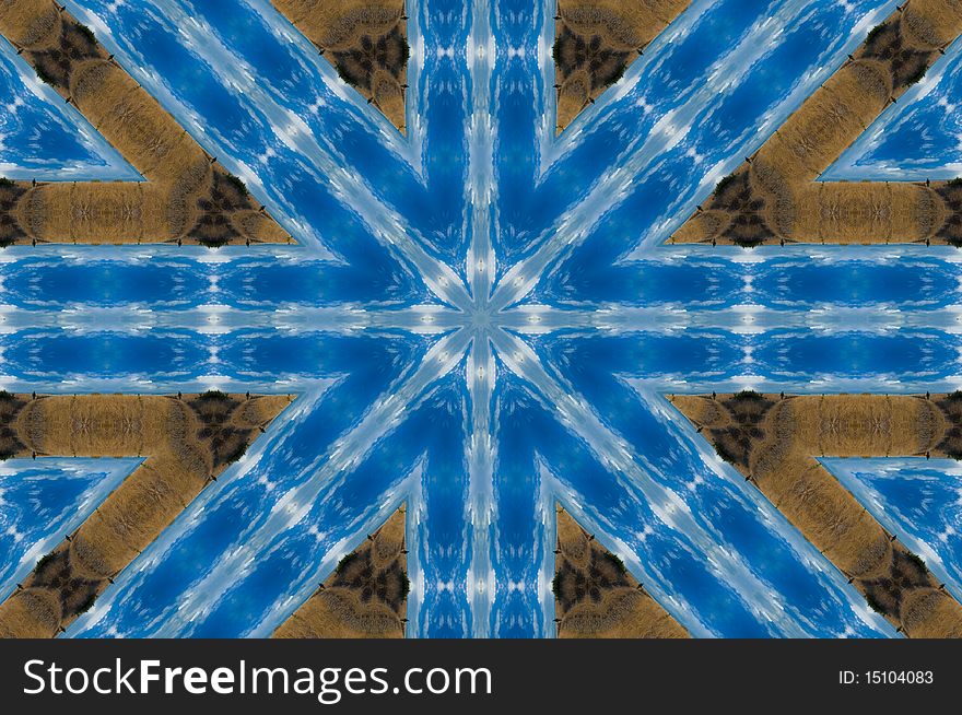 Kaleidoscopic rendering of beach and sky on a sunny day zoomed in