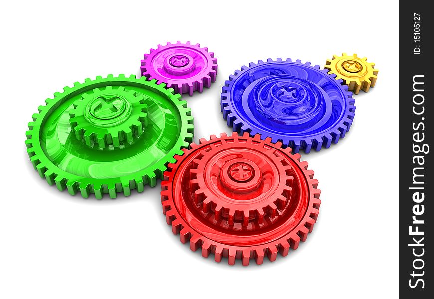 3d illustration of colorful gear wheels sustem over white background